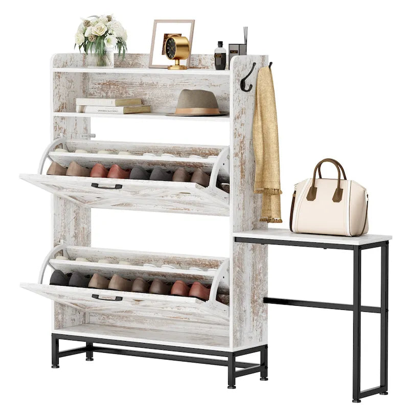 Meuble à chaussures de style ferme blanc avec tiroirs basculants, ménage de 2 personnes, rangement d'entrée