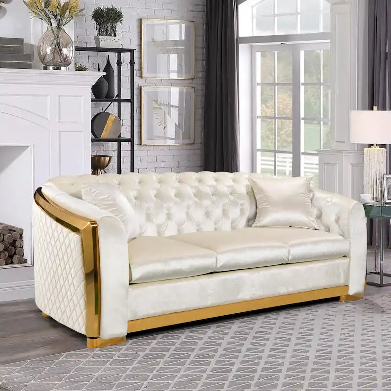 Canapé Chesterfield capitonné en velours avec pieds en acier inoxydable | 3 places | Beige / Gris / Noir / Bleu