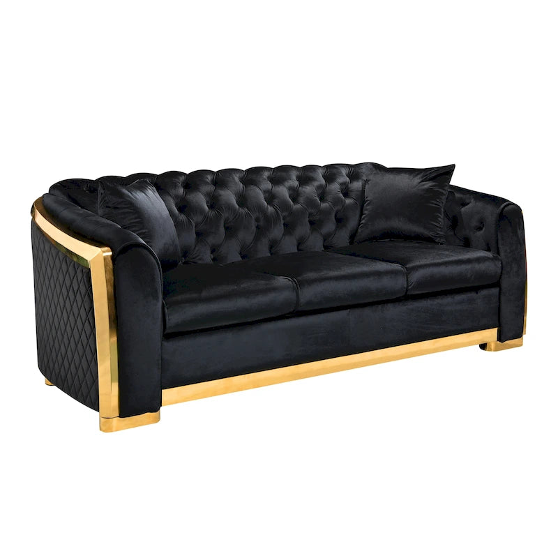 Canapé Chesterfield capitonné en velours avec pieds en acier inoxydable | 3 places | Beige / Gris / Noir / Bleu