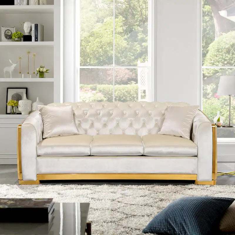 Canapé Chesterfield capitonné en velours avec pieds en acier inoxydable | 3 places | Beige / Gris / Noir / Bleu