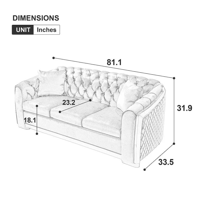 Canapé Chesterfield capitonné en velours avec pieds en acier inoxydable | 3 places | Beige / Gris / Noir / Bleu