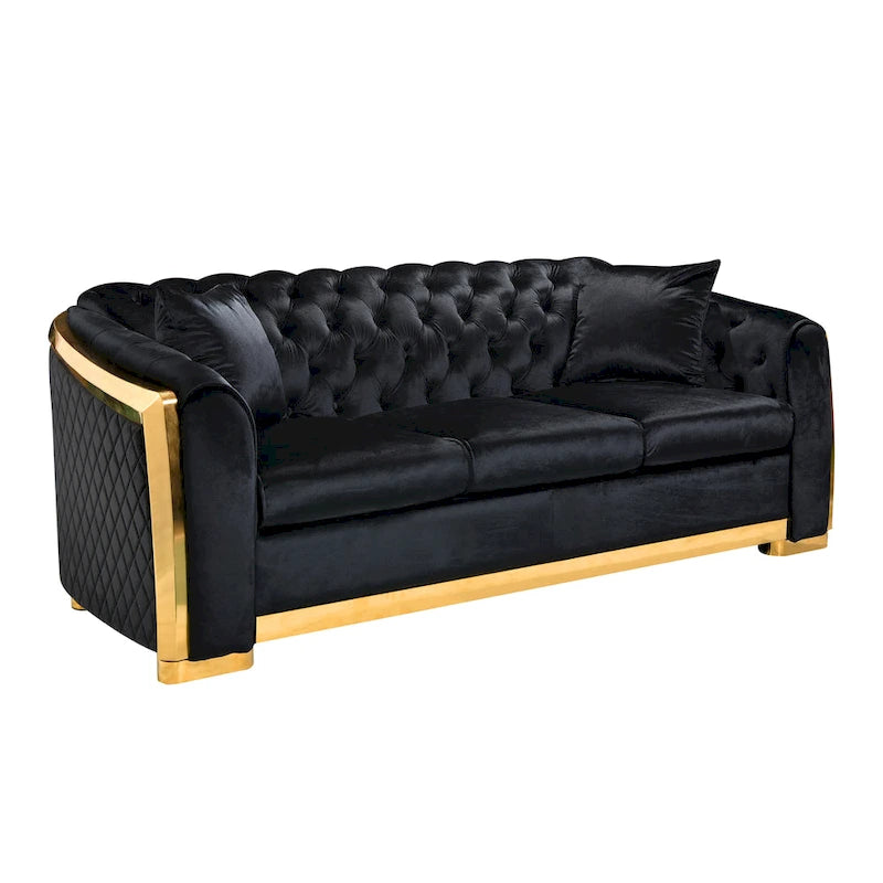 Canapé Chesterfield capitonné en velours avec pieds en acier inoxydable | 3 places | Beige / Gris / Noir / Bleu
