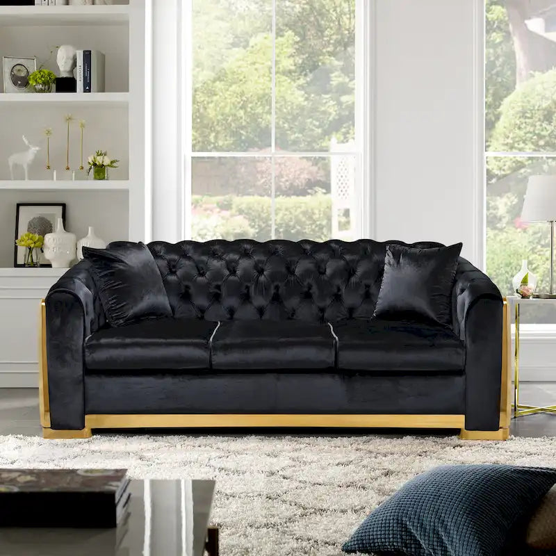 Canapé Chesterfield capitonné en velours avec pieds en acier inoxydable | 3 places | Beige / Gris / Noir / Bleu
