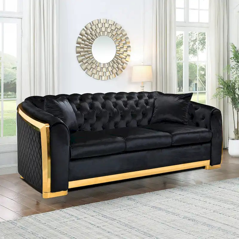 Canapé Chesterfield capitonné en velours avec pieds en acier inoxydable | 3 places | Beige / Gris / Noir / Bleu