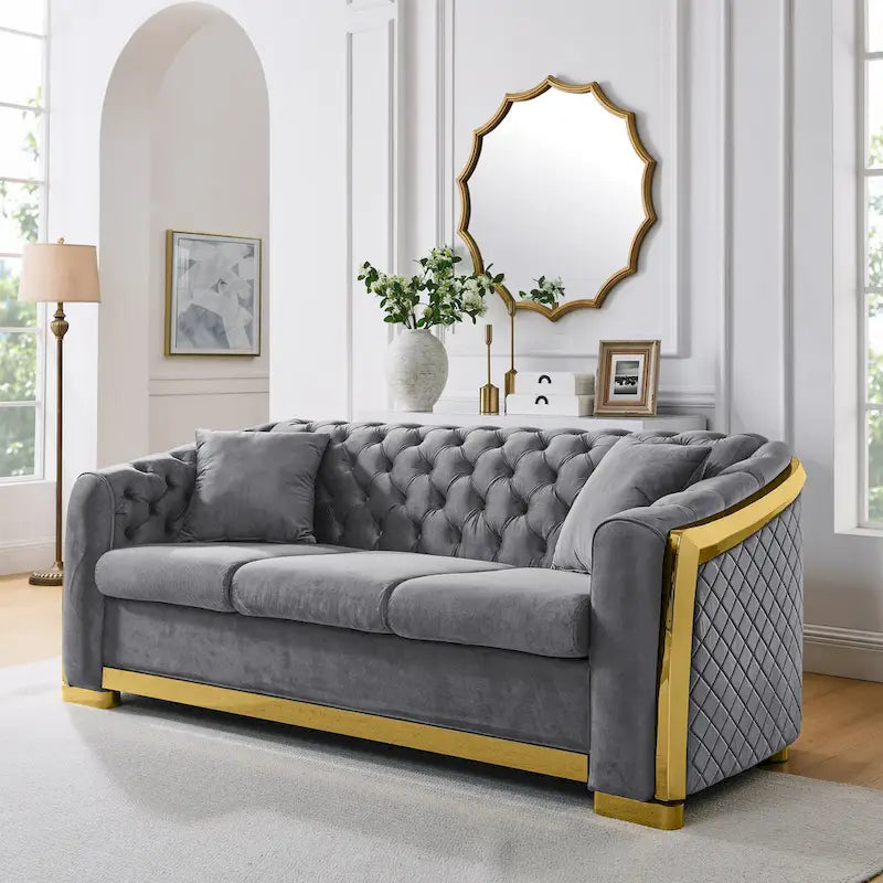 Canapé Chesterfield capitonné en velours avec pieds en acier inoxydable | 3 places | Beige / Gris / Noir / Bleu