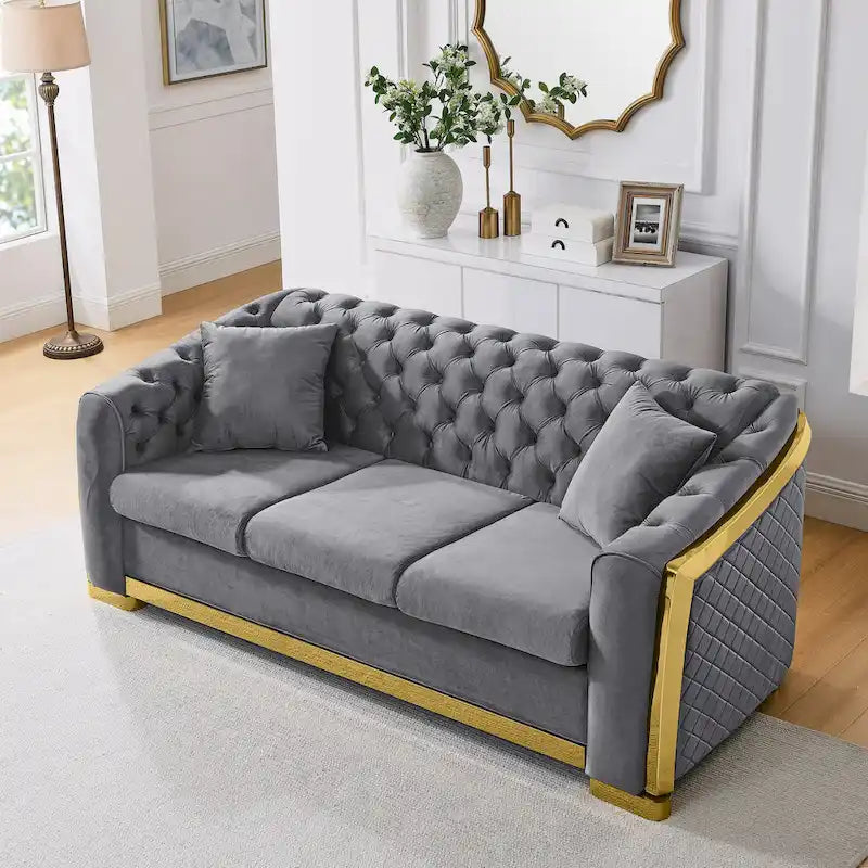 Canapé Chesterfield capitonné en velours avec pieds en acier inoxydable | 3 places | Beige / Gris / Noir / Bleu
