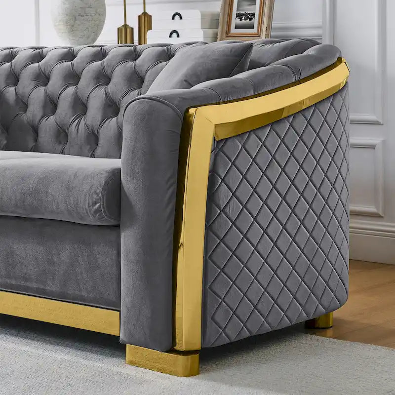 Canapé Chesterfield capitonné en velours avec pieds en acier inoxydable | 3 places | Beige / Gris / Noir / Bleu