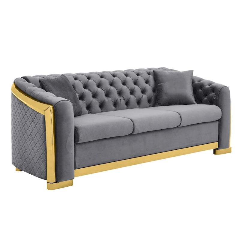 Canapé Chesterfield capitonné en velours avec pieds en acier inoxydable | 3 places | Beige / Gris / Noir / Bleu