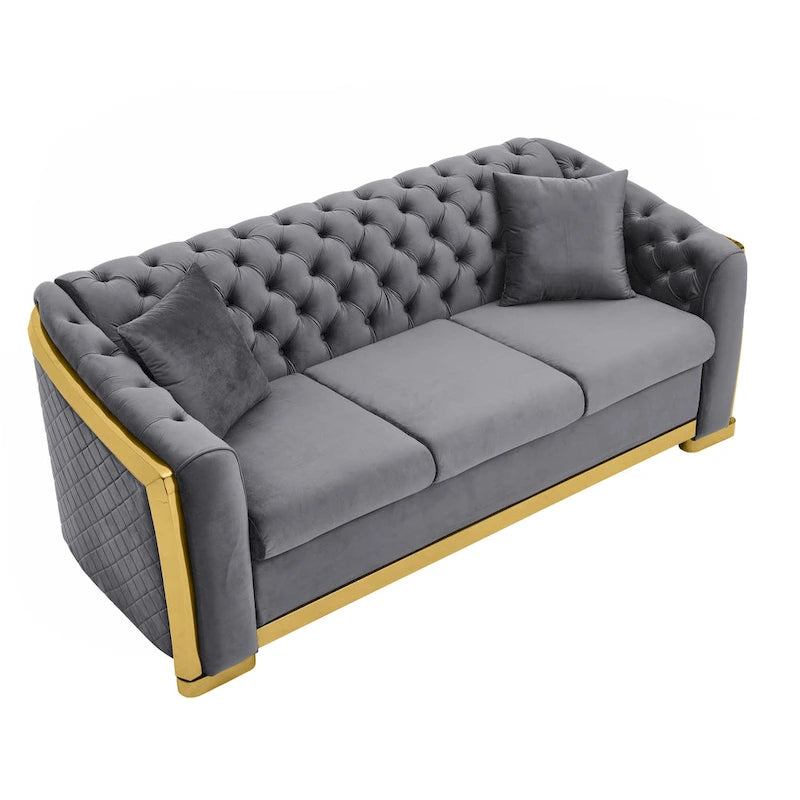 Canapé Chesterfield capitonné en velours avec pieds en acier inoxydable | 3 places | Beige / Gris / Noir / Bleu