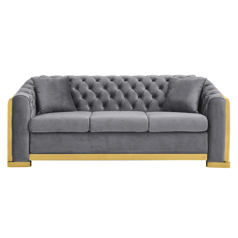 Canapé Chesterfield capitonné en velours avec pieds en acier inoxydable | 3 places | Beige / Gris / Noir / Bleu