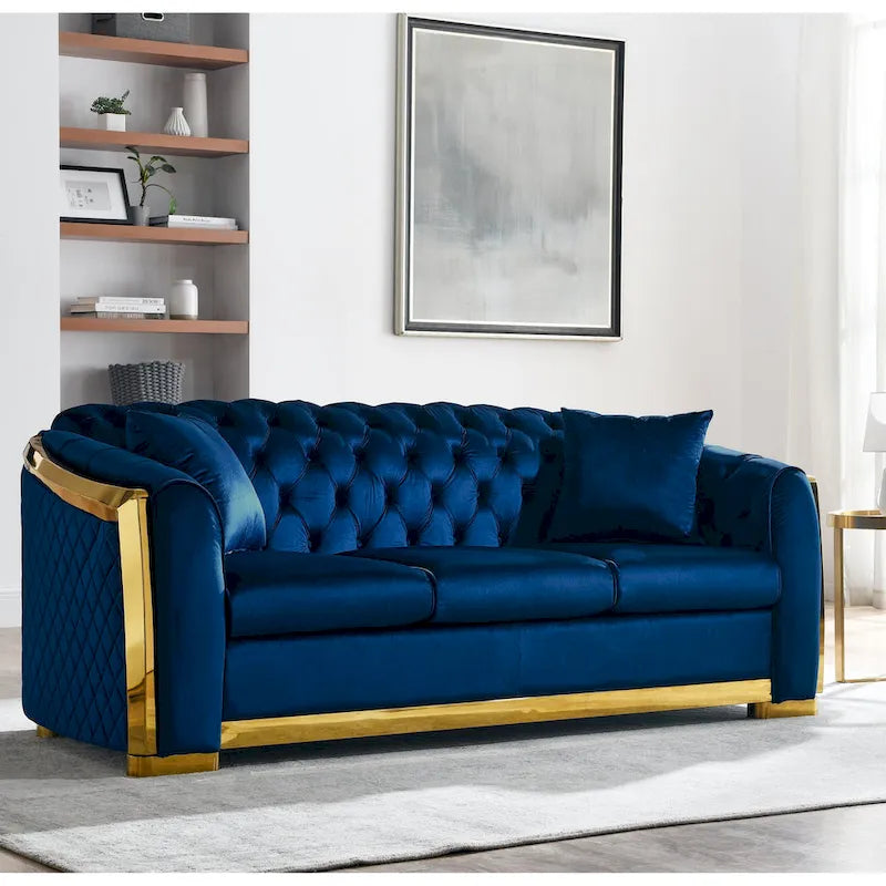 Canapé Chesterfield capitonné en velours avec pieds en acier inoxydable | 3 places | Beige / Gris / Noir / Bleu