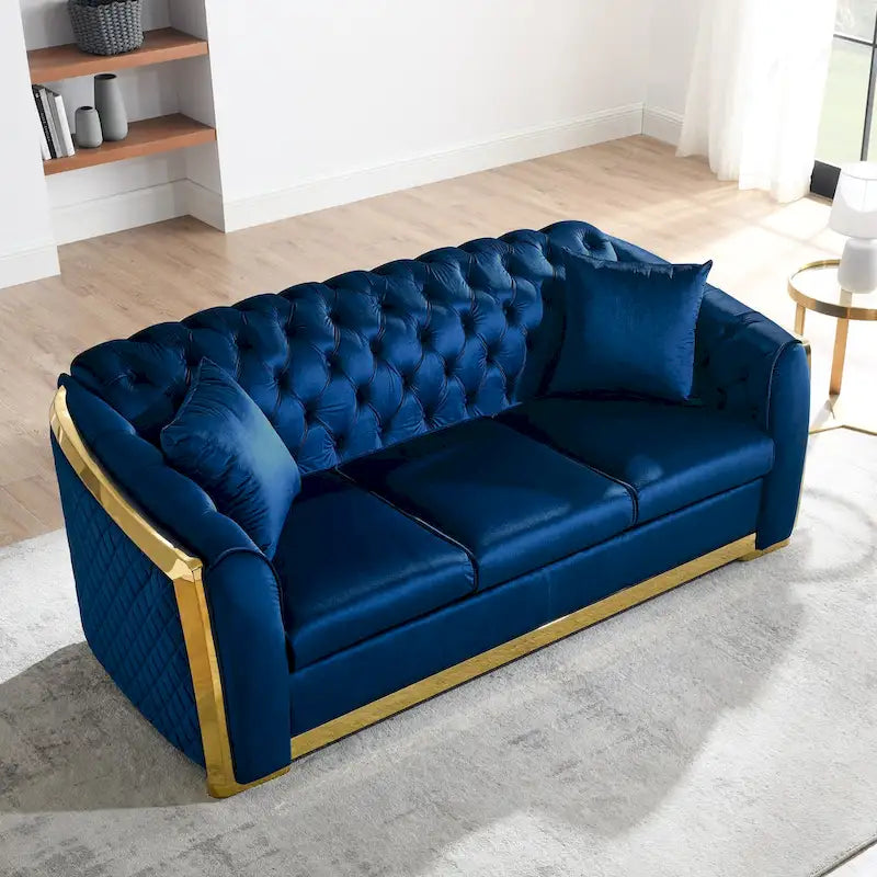 Canapé Chesterfield capitonné en velours avec pieds en acier inoxydable | 3 places | Beige / Gris / Noir / Bleu