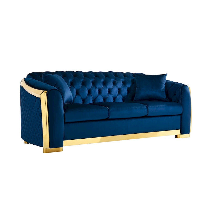 Canapé Chesterfield capitonné en velours avec pieds en acier inoxydable | 3 places | Beige / Gris / Noir / Bleu