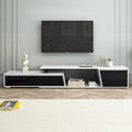 Meuble TV Extensible Blanc Laqué avec Tiroirs et Placard, pour TV jusqu'à 100"