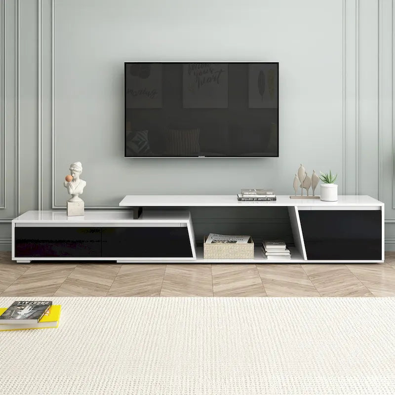 Meuble TV Extensible Blanc Laqué avec Tiroirs et Placard, pour TV jusqu'à 100"