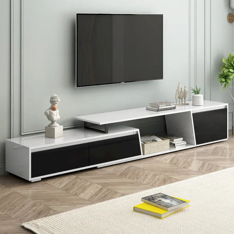 Meuble TV Extensible Blanc Laqué avec Tiroirs et Placard, pour TV jusqu'à 100"