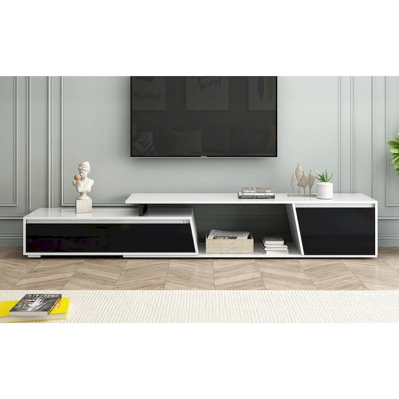 Meuble TV Extensible Blanc Laqué avec Tiroirs et Placard, pour TV jusqu'à 100"