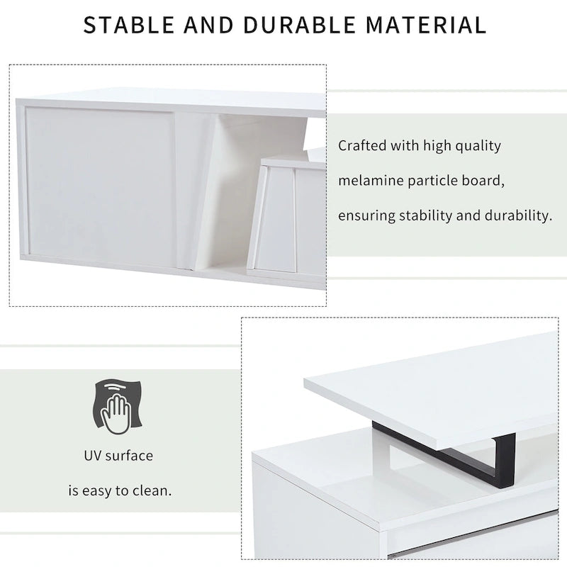 Meuble TV Extensible Blanc Laqué avec Tiroirs et Placard, pour TV jusqu'à 100"