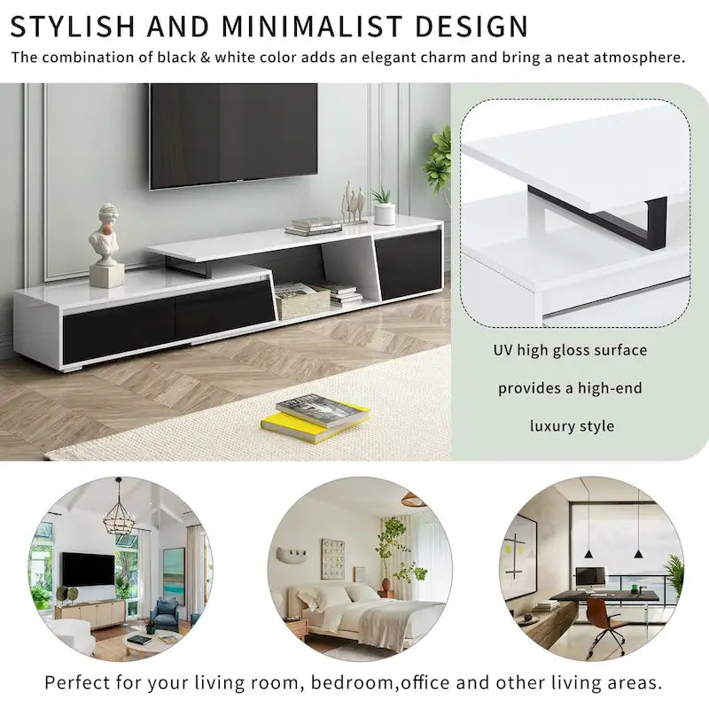 Meuble TV Extensible Blanc Laqué avec Tiroirs et Placard, pour TV jusqu'à 100"