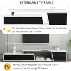 Meuble TV Extensible Blanc Laqué avec Tiroirs et Placard, pour TV jusqu'à 100"