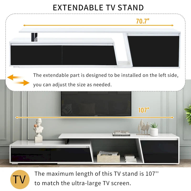 Meuble TV Extensible Blanc Laqué avec Tiroirs et Placard, pour TV jusqu'à 100"