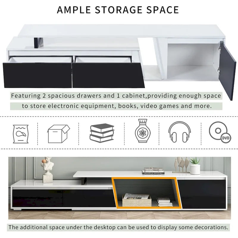 Meuble TV Extensible Blanc Laqué avec Tiroirs et Placard, pour TV jusqu'à 100"