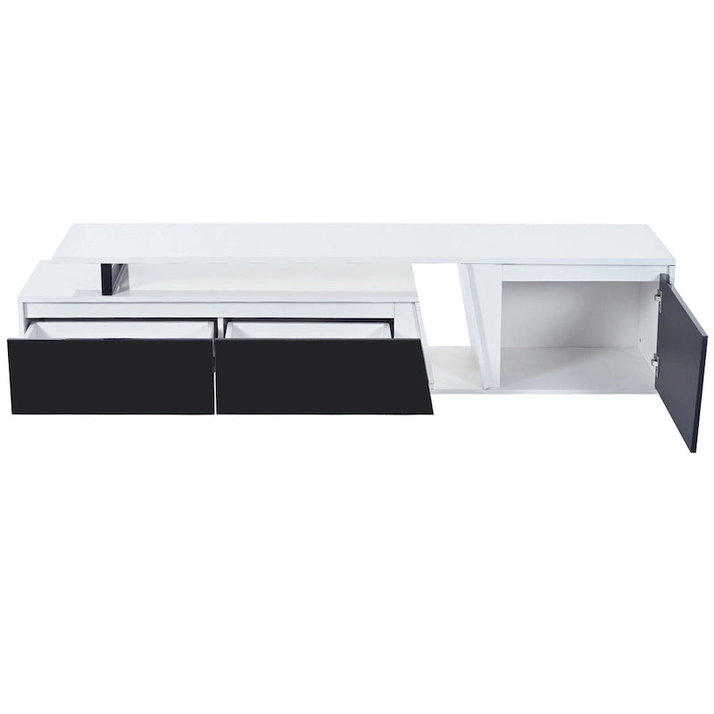 Meuble TV Extensible Blanc Laqué avec Tiroirs et Placard, pour TV jusqu'à 100"