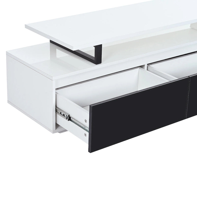 Meuble TV Extensible Blanc Laqué avec Tiroirs et Placard, pour TV jusqu'à 100"