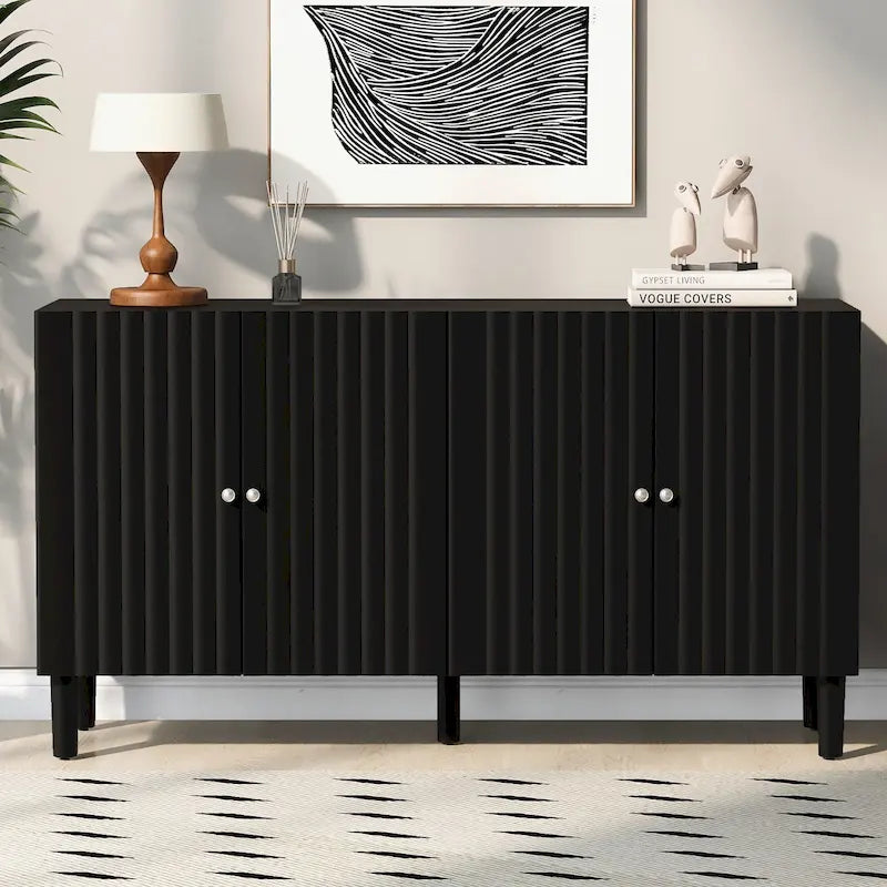 Bahut 4 portes noir/blanc avec portes ondulées et pieds cylindriques, pour 1 personne