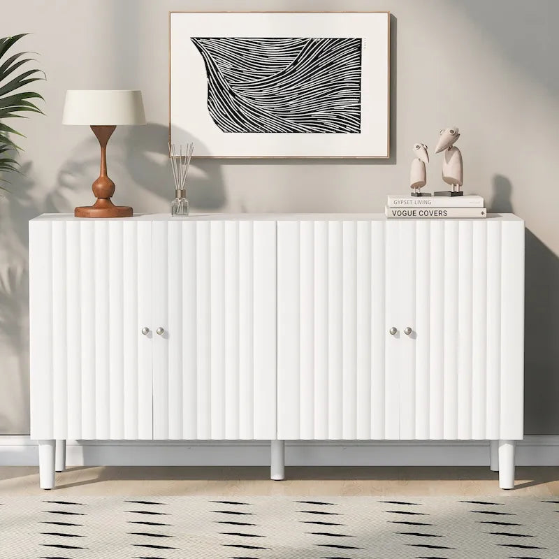 Bahut 4 portes noir/blanc avec portes ondulées et pieds cylindriques, pour 1 personne