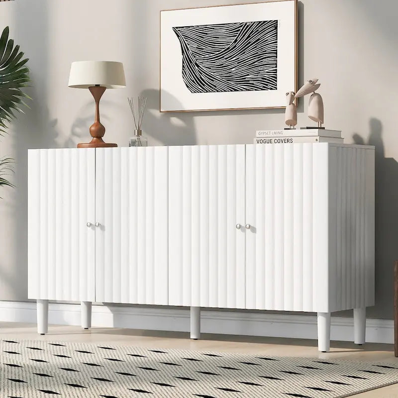 Bahut 4 portes noir/blanc avec portes ondulées et pieds cylindriques, pour 1 personne