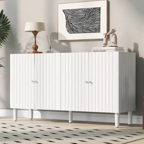 Bahut 4 portes noir/blanc avec portes ondulées et pieds cylindriques, pour 1 personne