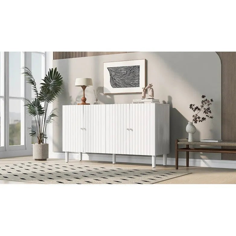 Bahut 4 portes noir/blanc avec portes ondulées et pieds cylindriques, pour 1 personne