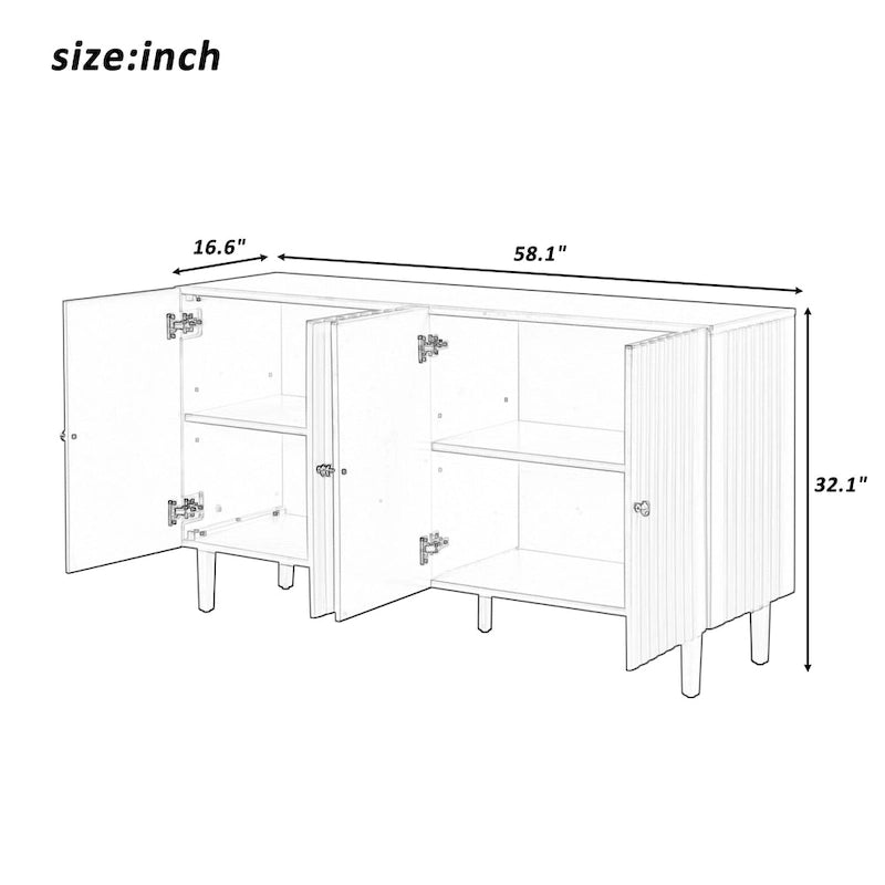 Bahut 4 portes noir/blanc avec portes ondulées et pieds cylindriques, pour 1 personne