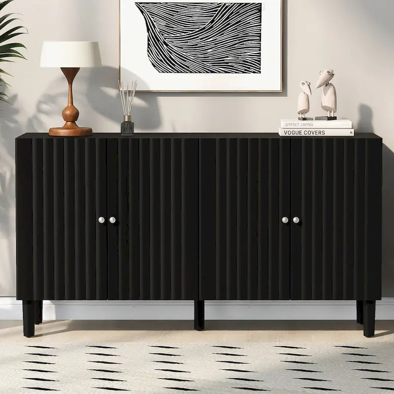 Bahut 4 portes noir/blanc avec portes ondulées et pieds cylindriques, pour 1 personne