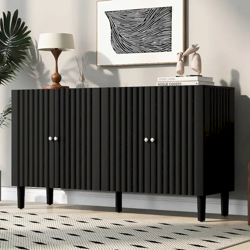Bahut 4 portes noir/blanc avec portes ondulées et pieds cylindriques, pour 1 personne