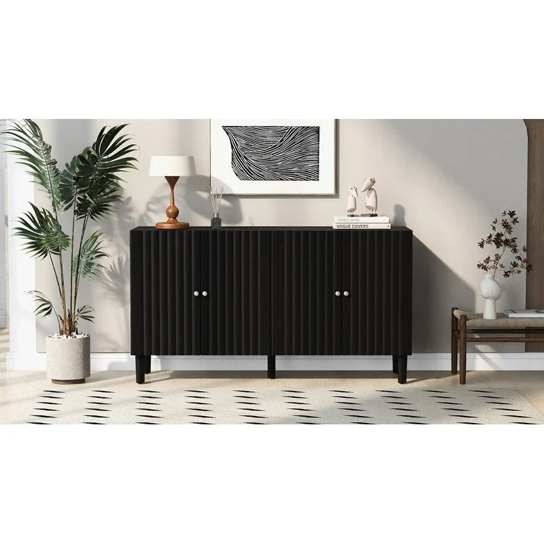 Bahut 4 portes noir/blanc avec portes ondulées et pieds cylindriques, pour 1 personne