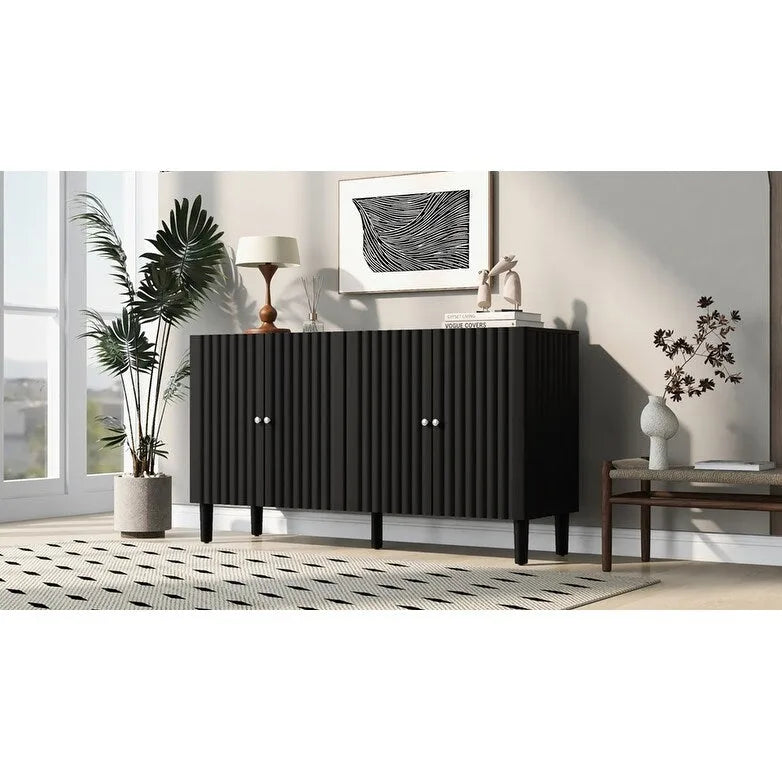 Bahut 4 portes noir/blanc avec portes ondulées et pieds cylindriques, pour 1 personne