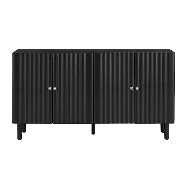 Bahut 4 portes noir/blanc avec portes ondulées et pieds cylindriques, pour 1 personne