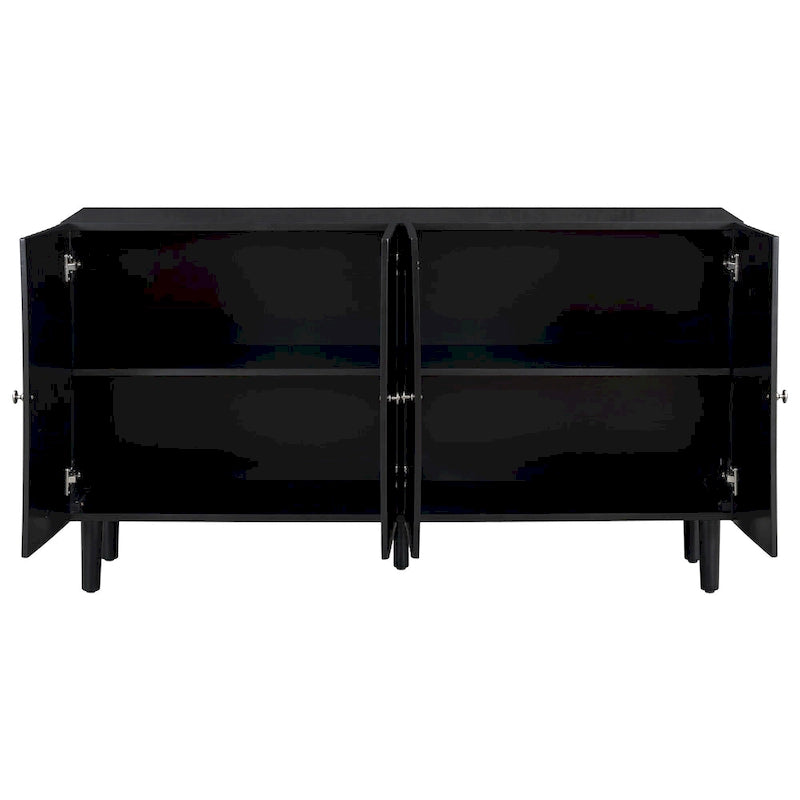 Bahut 4 portes noir/blanc avec portes ondulées et pieds cylindriques, pour 1 personne
