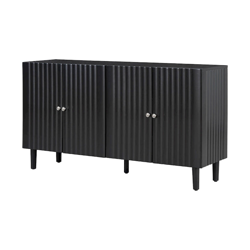 Bahut 4 portes noir/blanc avec portes ondulées et pieds cylindriques, pour 1 personne