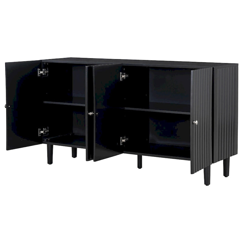 Bahut 4 portes noir/blanc avec portes ondulées et pieds cylindriques, pour 1 personne