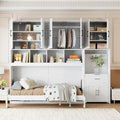 Lit escamotable mural simple avec placard, tiroirs et bureau – Blanc / Gris, 1 personne