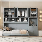 Lit escamotable mural simple avec placard, tiroirs et bureau – Blanc / Gris, 1 personne