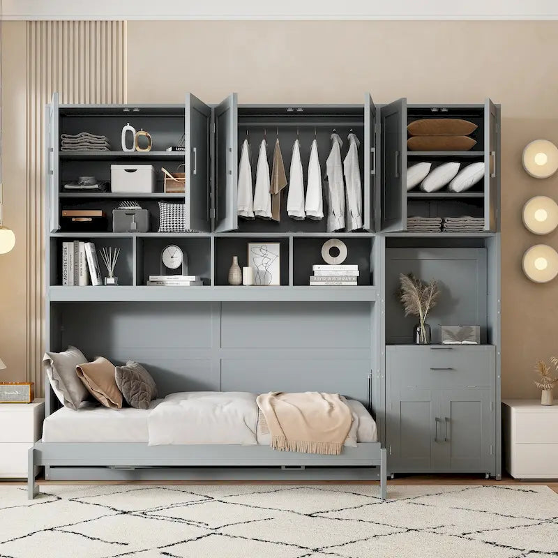 Lit escamotable mural simple avec placard, tiroirs et bureau – Blanc / Gris, 1 personne