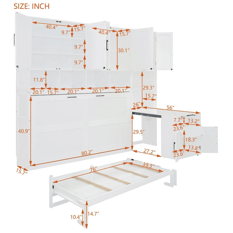 Lit escamotable mural simple avec placard, tiroirs et bureau – Blanc / Gris, 1 personne