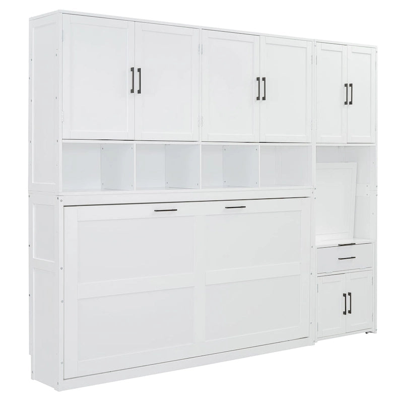 Lit escamotable mural simple avec placard, tiroirs et bureau – Blanc / Gris, 1 personne