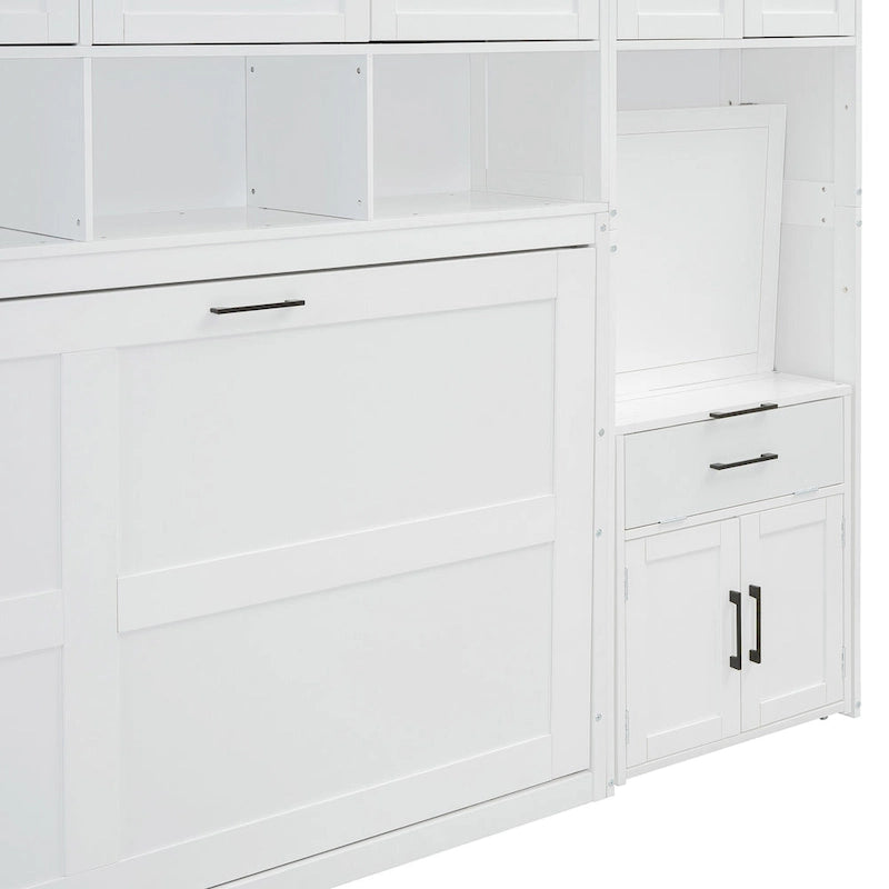 Lit escamotable mural simple avec placard, tiroirs et bureau – Blanc / Gris, 1 personne