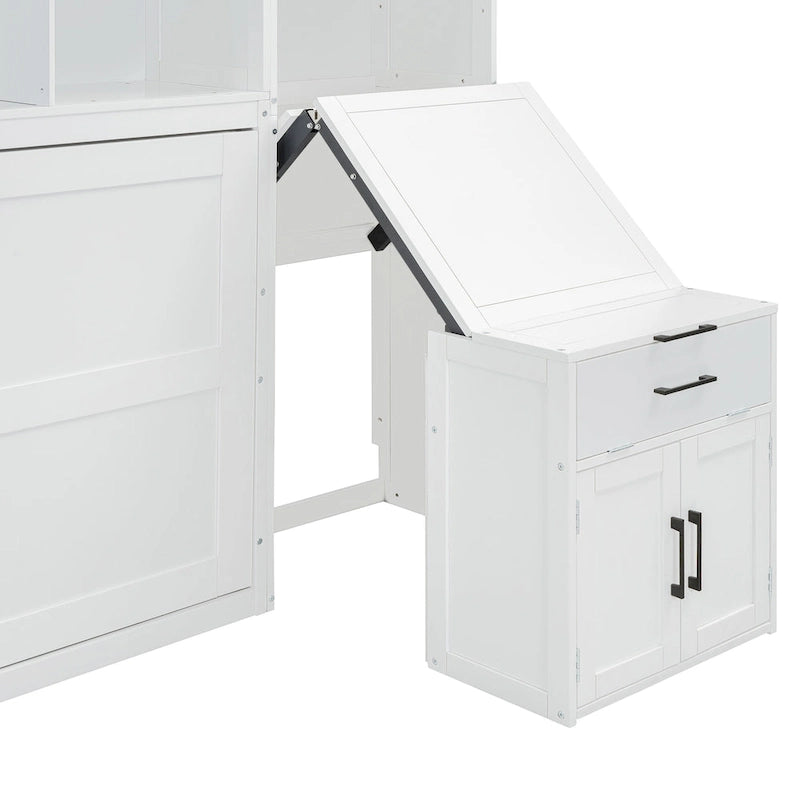 Lit escamotable mural simple avec placard, tiroirs et bureau – Blanc / Gris, 1 personne