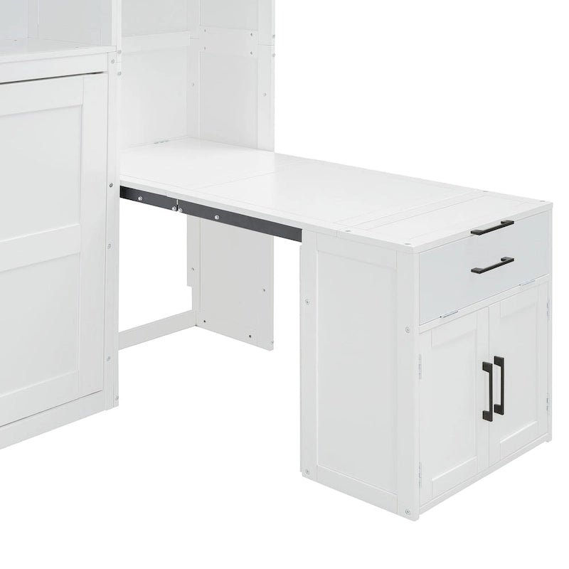 Lit escamotable mural simple avec placard, tiroirs et bureau – Blanc / Gris, 1 personne